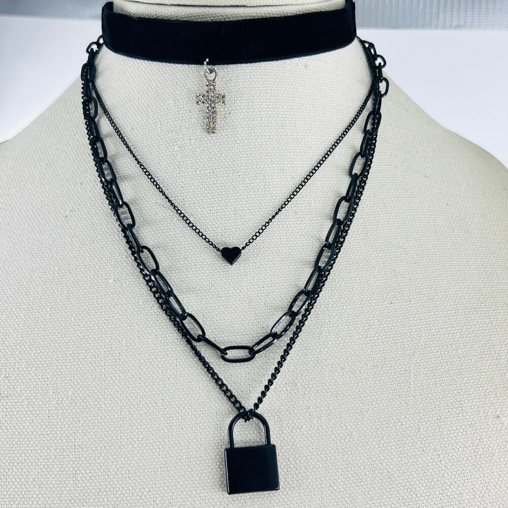 Gothic 2pc Layered Necklace Set Black Padlock Heart Cross Choker Grunge Alt Punk